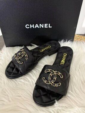 Chanel Quilted Chain Slide Sandals